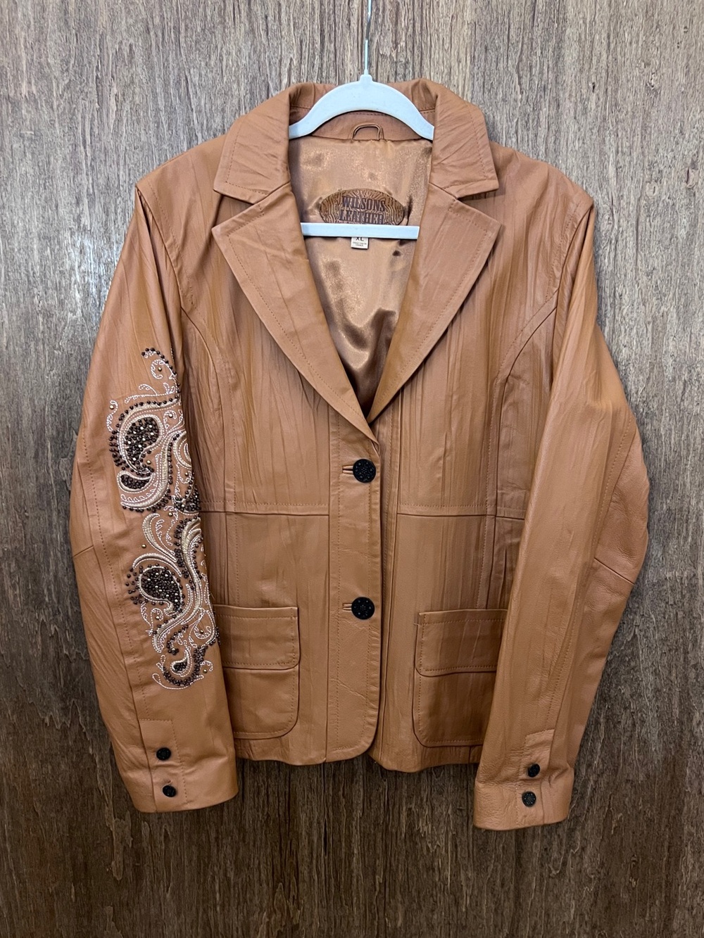 Wilsons Leather Women's Tan Embroidered Textured Leather Blazer